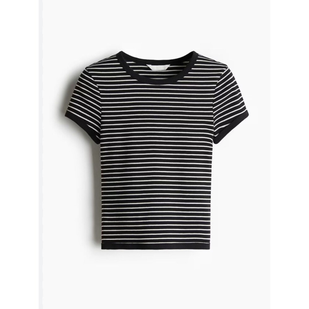 H&M Black and White Striped cotton Short Sleeve basic Tee